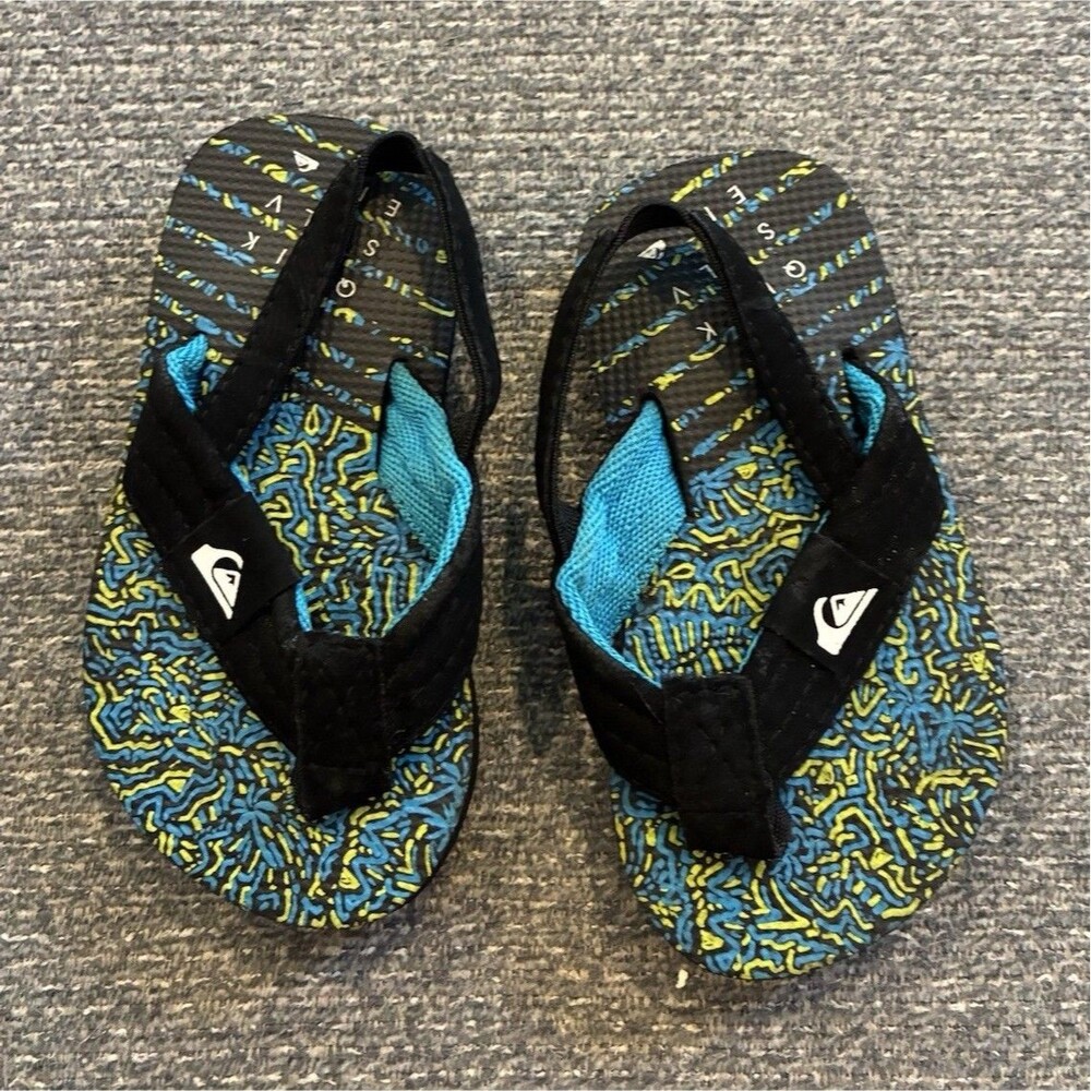 Quiksilver Unisex Kids Flip Flop Sandal Black Blue Yellow Abstract Logo